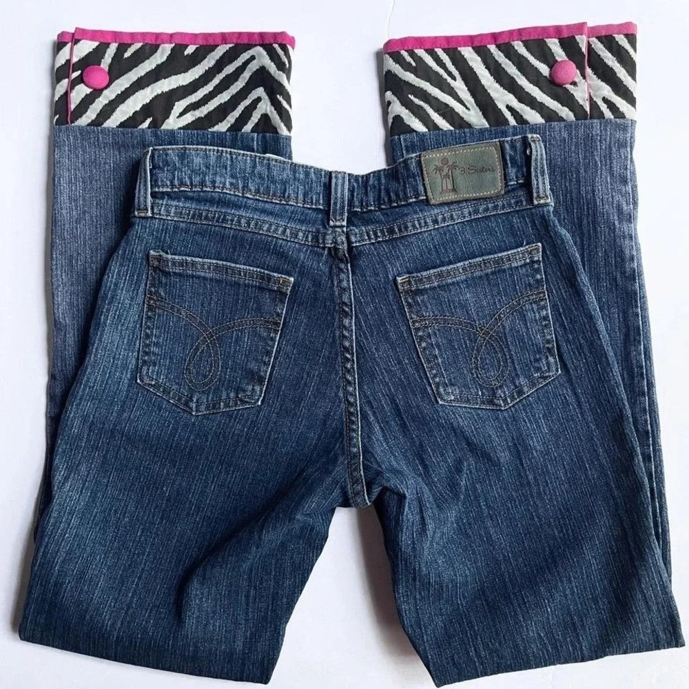 Y2K Low Rise Cuffed Flare Jeans Blue‎ Denim with Zebra Fabric & Pink Trim Sz 4